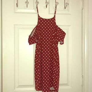 Red polka dot off the shoulder dress
